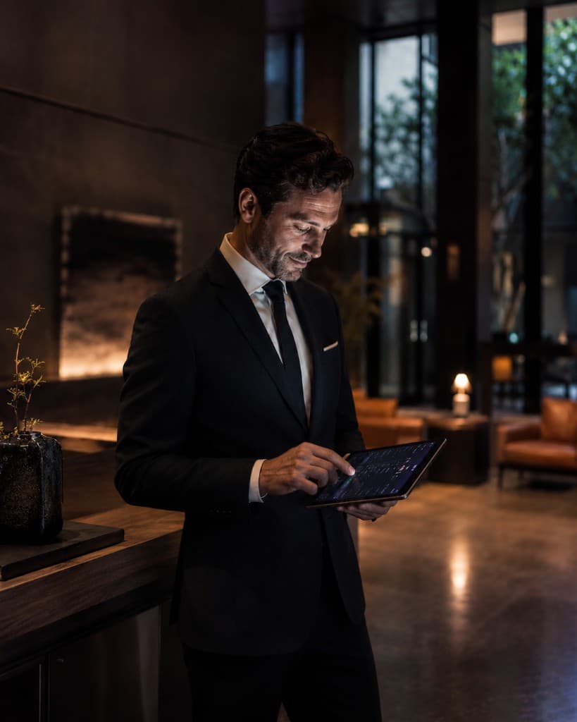 Hotel manager reviewing the guest dashboard on a tablet in the lobby